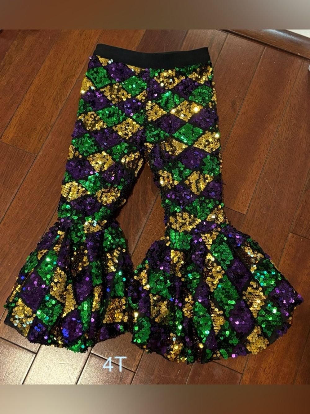 Sequin Mardi Gras Harlequin Flare Pants - Green Purple Gold (Kids)